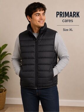 PRIMARK Cares Black Quilted Puffer Vest Men’s Size XL Full Zip Lightweight